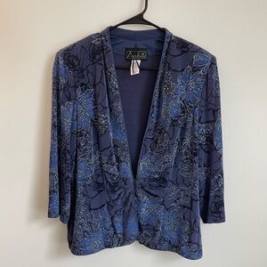 ALEX Evenings XL Blue Formal Jacket Glitter Blouse 3/4 Sleeve Old Money USA Made
